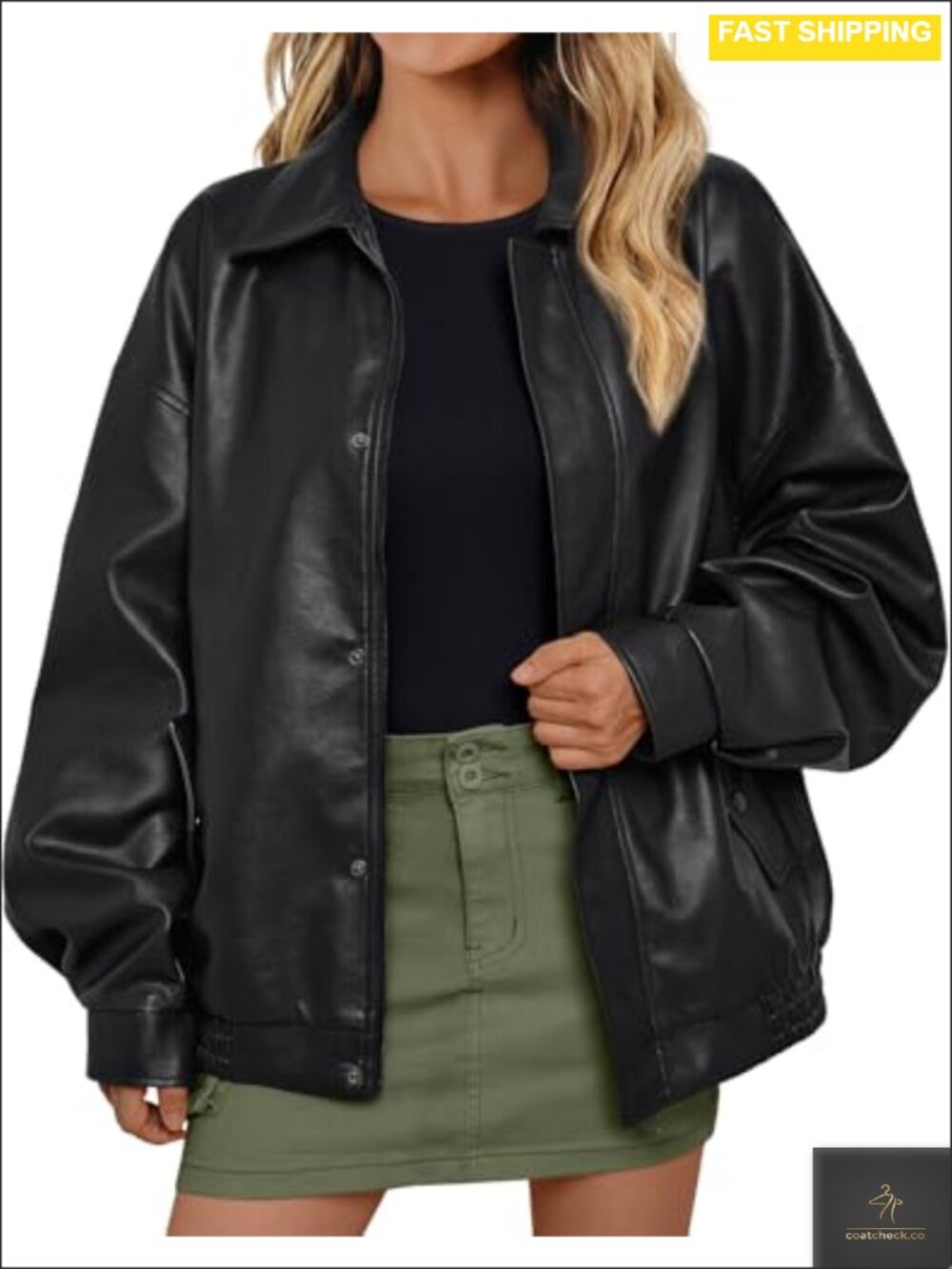 Oversized Faux Leather Biker Jacket Zip Up Motorcycle Coat